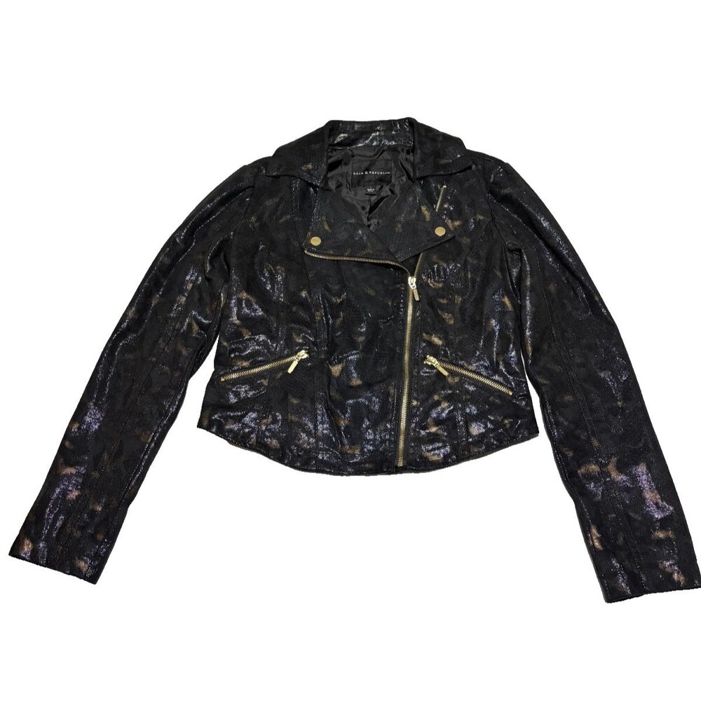 Rock & Republic Womens Black Gold Shimmery Faux Leather Moto Jacket Sz Small